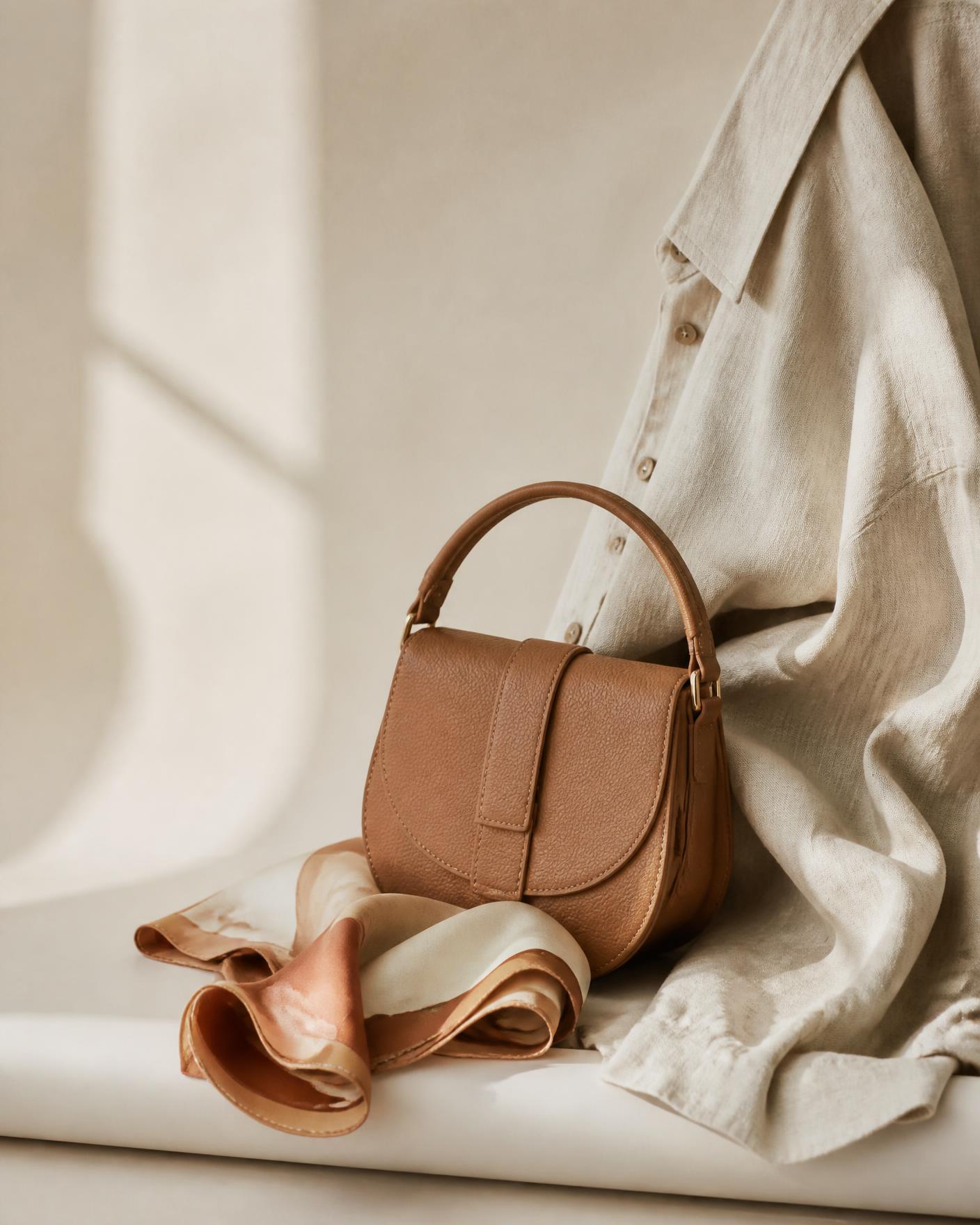 Neutral linen shirt, tan leather bag and silk scarf on a cream backdrop