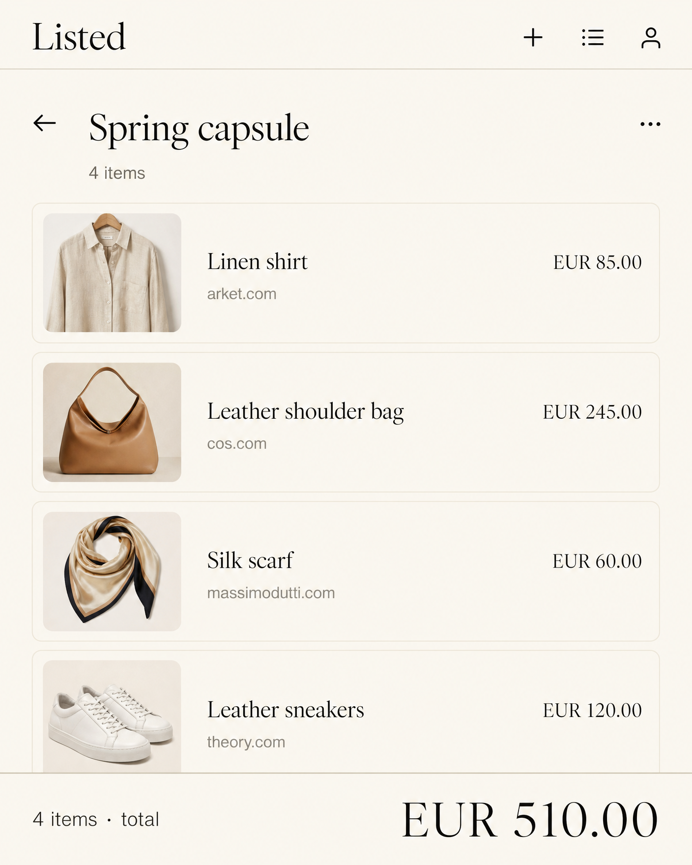 App screenshot showing a fashion shopping list with product cards and a running total